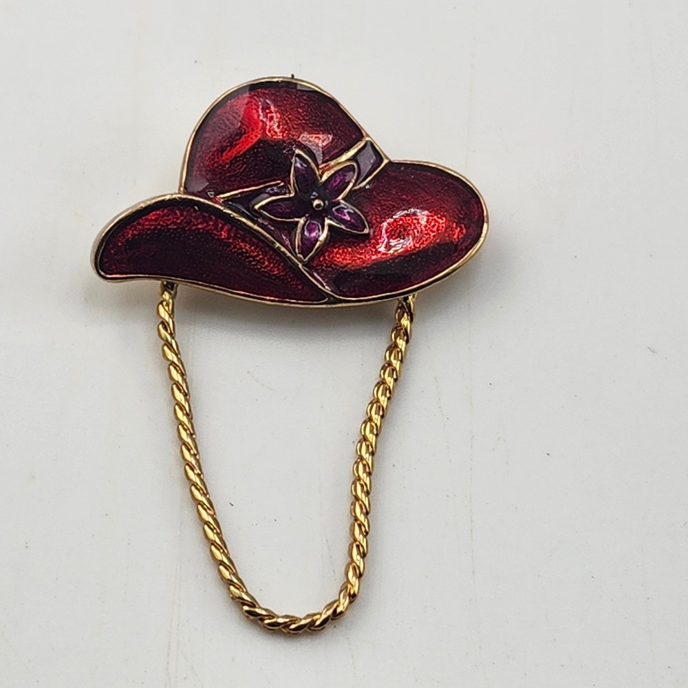 Vintage Red Hat Pin Brooch Enamel Gold Tone Flower Hat Lover Gift